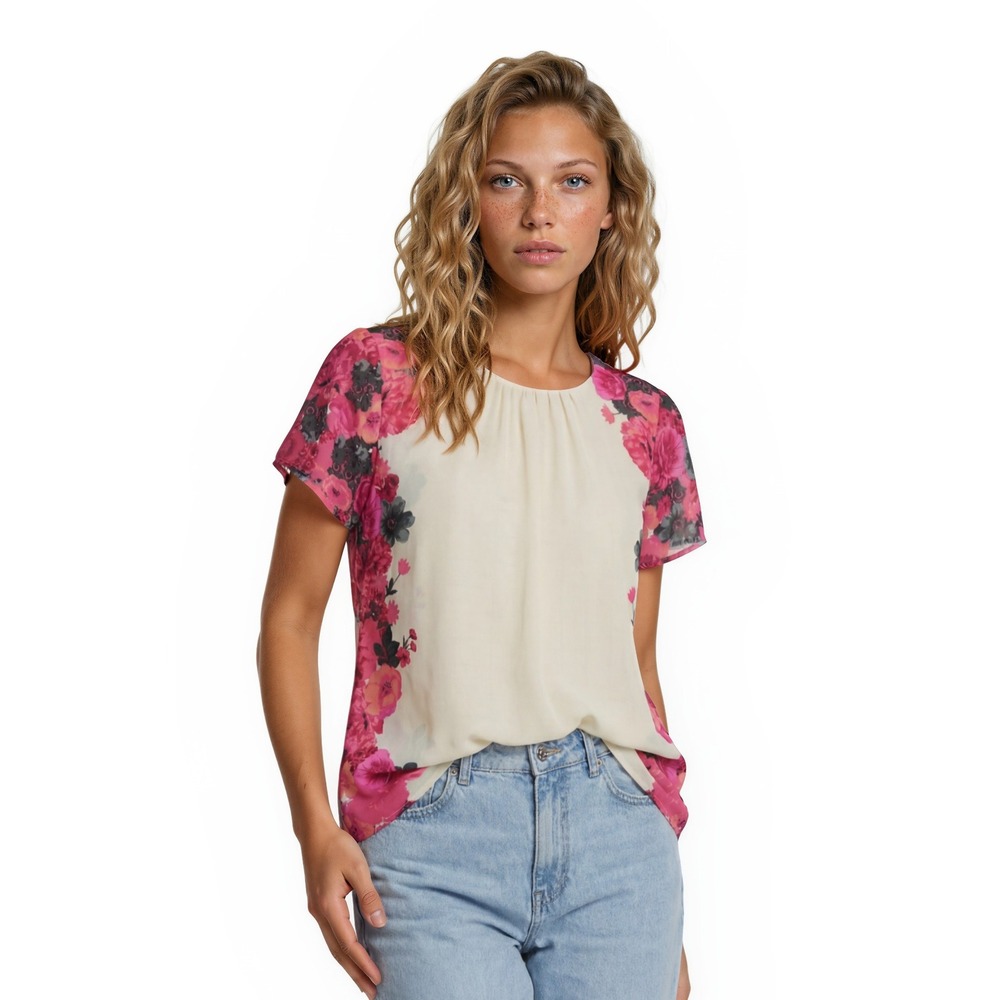 Talbots Floral Blouse Women's Size 6P Cream Pink Pleated Neck Short Sleeve